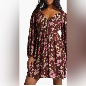 Billabong Floral Long Sleeve Tie Neck‎ Dress medium NWT